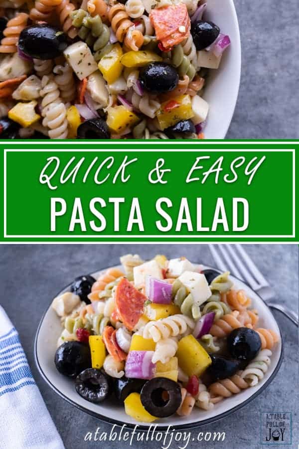 This easy pasta salad with pepperoni is quick and delicious! It’s great for dinner with the family or a party! #pastasalad #partyrecipe #bbq #atablefullofjoy #italianpastasalad #antipasta #sidedish #summer