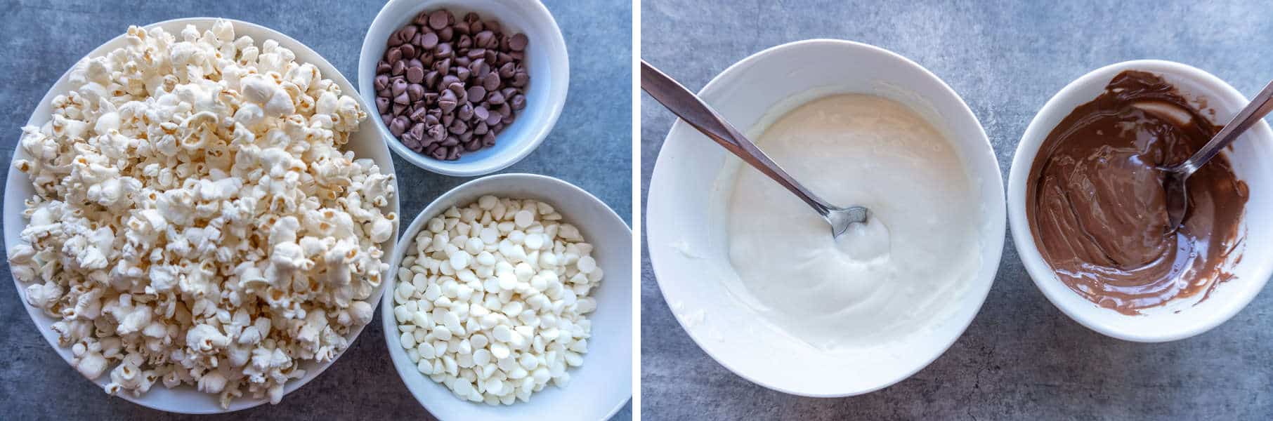 This chocolate drizzled popcorn is easy to make and super addicting! Three ingredients is all it takes to make this yummy treat! #popcorn #chocolate #whitechocolate #atablefullofjoy #party #forkids #easytomake