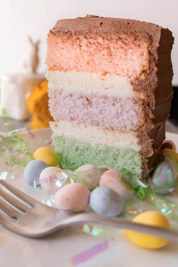 This fun and Easy Easter cake will satisfy any sweet-tooth! An amazing yellow cake recipe, with vanilla and chocolate buttercream frosting- it is out of this world good! #easter #yellowcake #cakedecorating #easy #homemade #fromscratch #atablefullofjoy #dessert