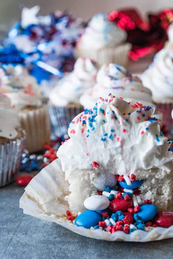 4th of July Cupcakes filled with red white and blue sprinkles and candies