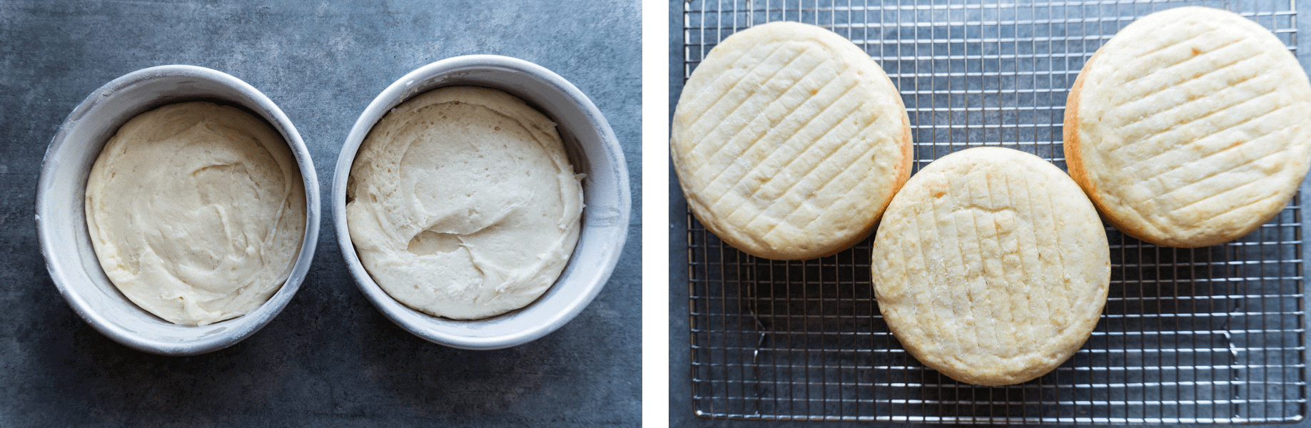 StarCraft Cake Step 1 cake batter in pans and Step 2 Cakes on cooling rack