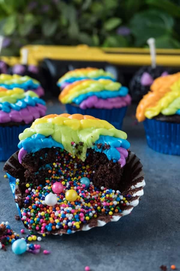 chocolate cupcake with colorful sprinkles inside