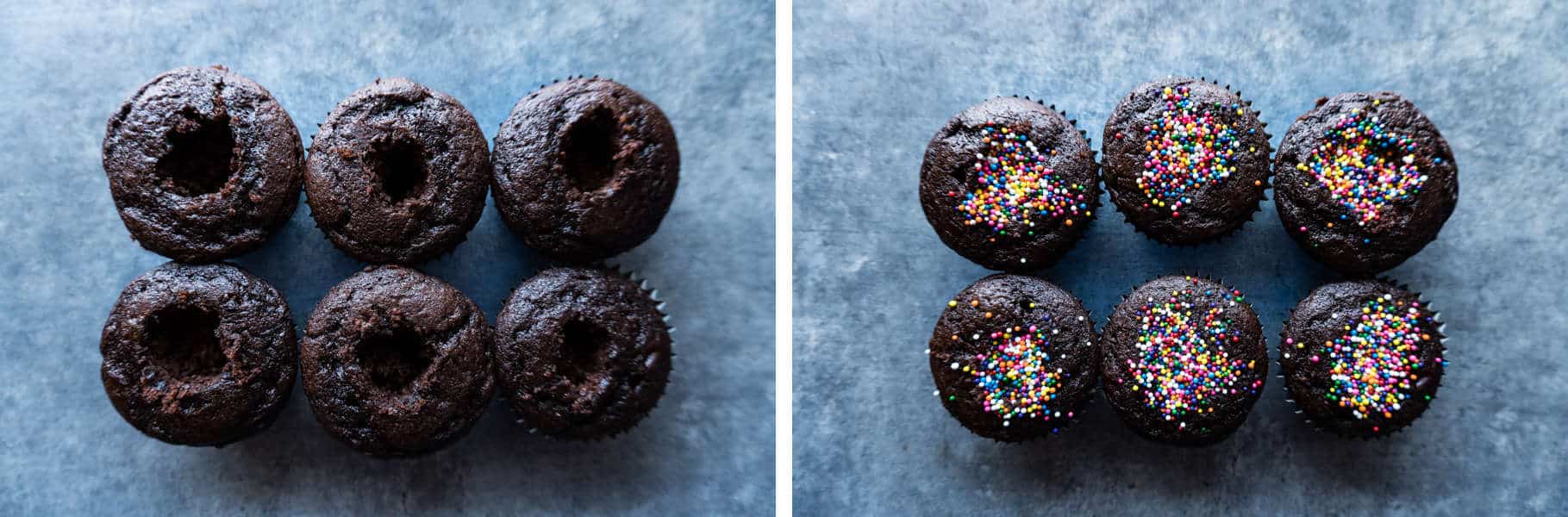  cupcakes with hole cut out of center and with center filled with sprinkles