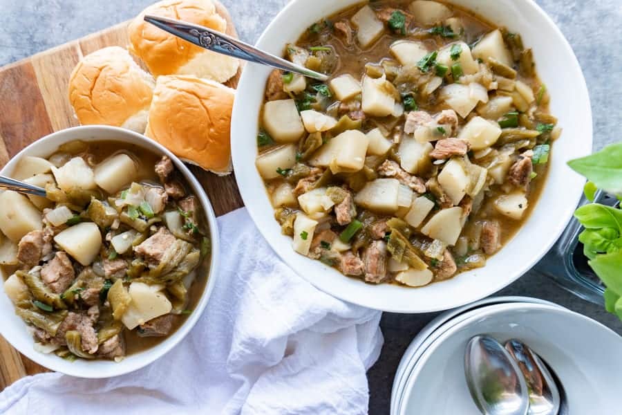 New Mexican Green Chile Stew, This green chile stew is perfect for any cold fall night! You won’t be able to stop eating it! #atablefullofjoy #greenchile #newmexico #nmtrue #stew #fall #delish #hatch