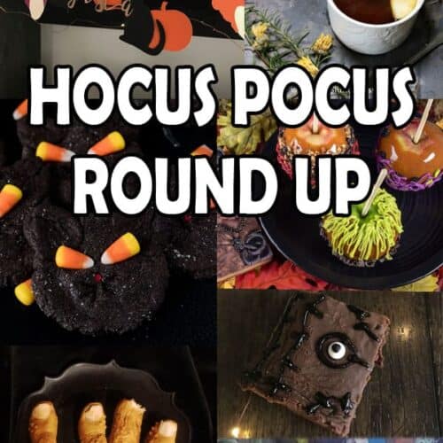 Hocus Pocus Round Up, Celebrate your favorite Hallowwen Movie with food and party ideas! #hocuspocus #halloween #movie #disney #atablefullofjoy #binx #cookies #brownies #caramelapples