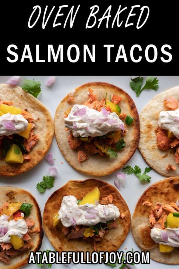 Salmon Tacos with a Chunky Mango Salsa, an easy and delicious salmon taco with a perfect salsa to match! #atablefullofjoy #salmon #mango#salsa #fish #taco #tacotuesday #cincodemayo #summer #dinner #grill