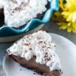 French Silk Pie, a classic chocolate cream pie that is delicious year-round! #atablefullofjoy #frenchsilkpie #chocolate #chocolatepie #pie #holidaydessert #dessert