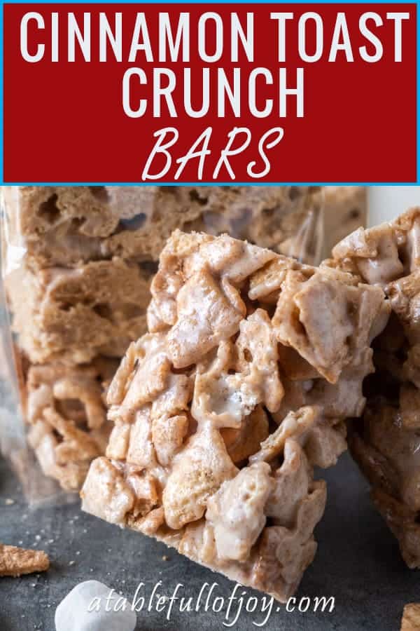 Cinnamon Toast Crunch Bars, a delicious spin on the classic rice crispy! #cinnamontoastcrunch #ricecrispytreat #cerealbar #breakfast #marshmallow #atablefullofjoy