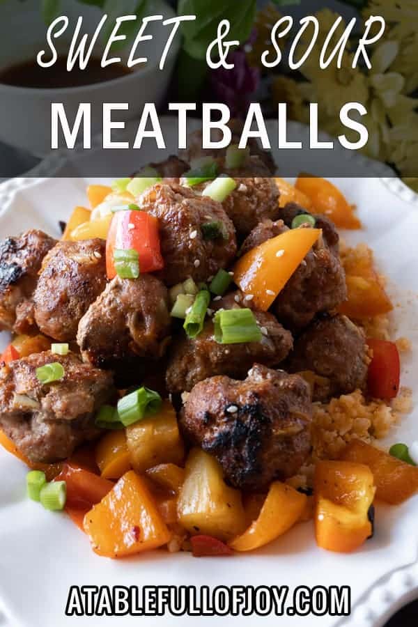 Sweet and Sour Meat Balls, a delicious meatball recipe that will have you making these over and over again! Dairy, Soy, and Gluten free you won’t want to miss this tasty healthy dinner! #meatballs #paleo #paleomeatballs #sweetandsour #glutenfree #dairyfree #soyfree #dinner #atablefullofjoy #asian #pork #baked