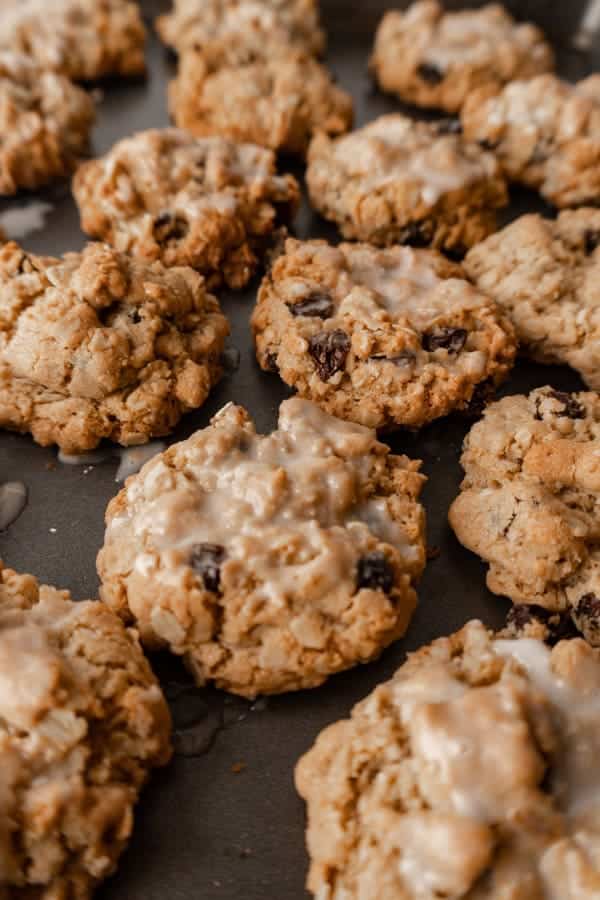 Oatmeal cookies on baking sheet.