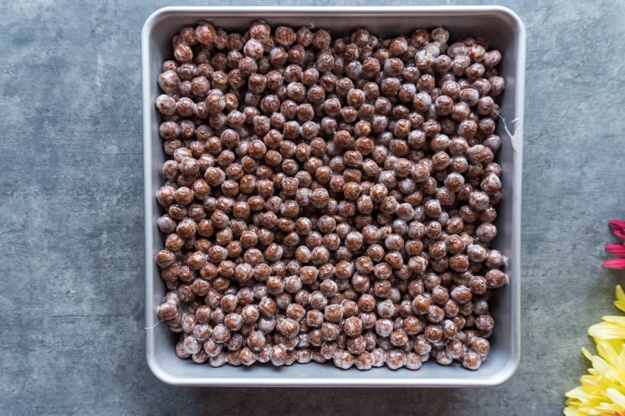 Cocoa Puff Cereal Bars In Pan before being cut