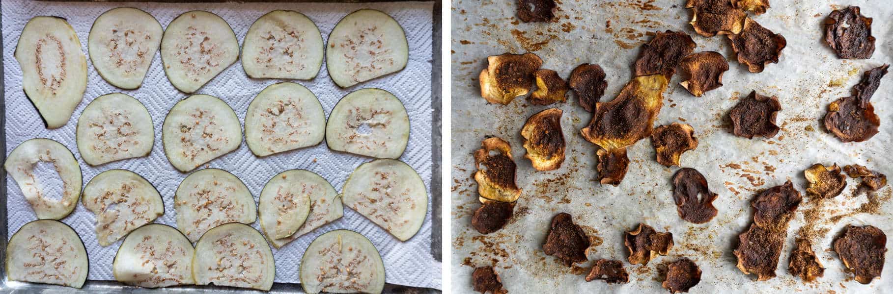 Eggplants before and after baking