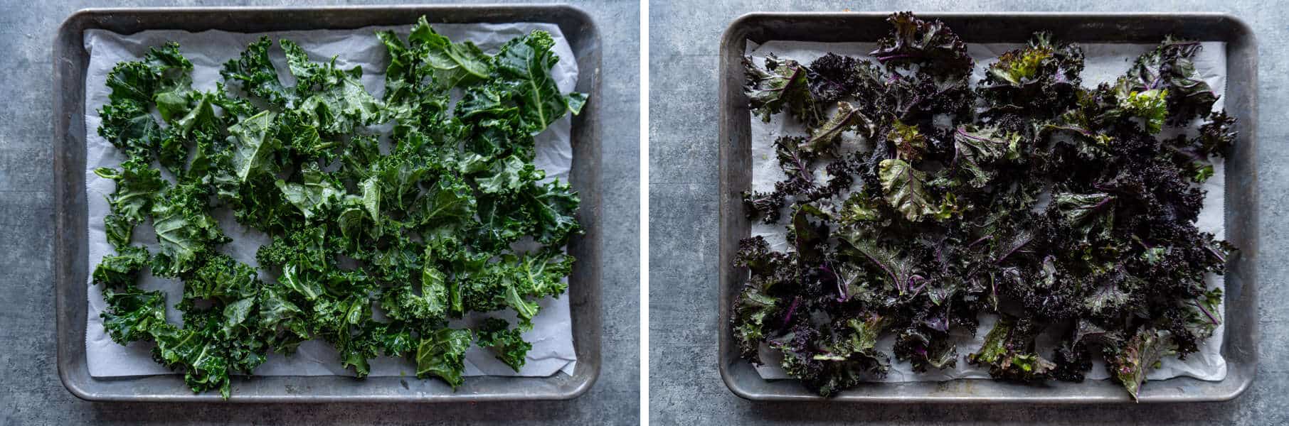 Green and Purple Kale on baking sheet