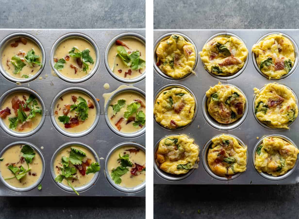 Breakfast Egg Cups Unbaked and Baked Sid By Side