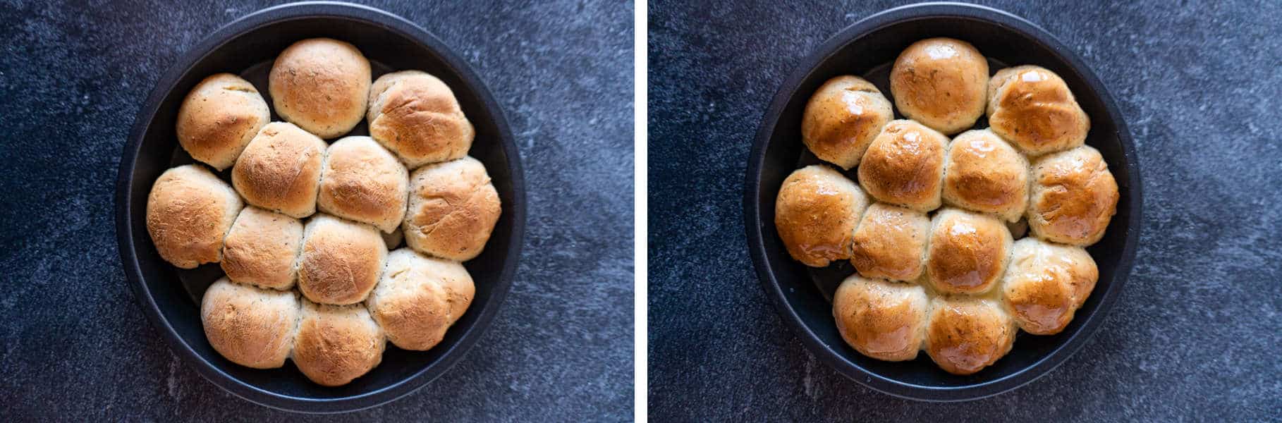 Dinner Rolls in pan baked with and without butter on them