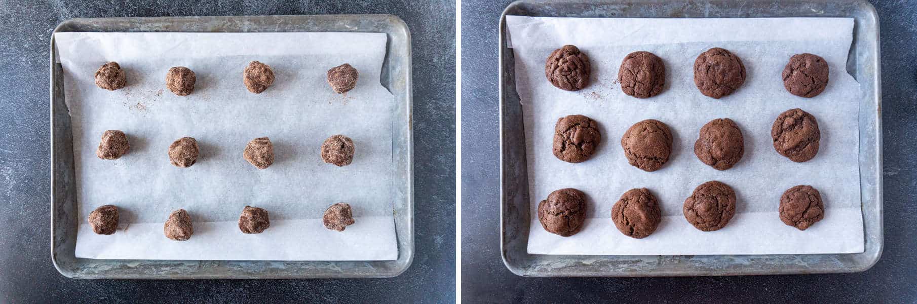 Before and after cookies are baked on cookie sheet