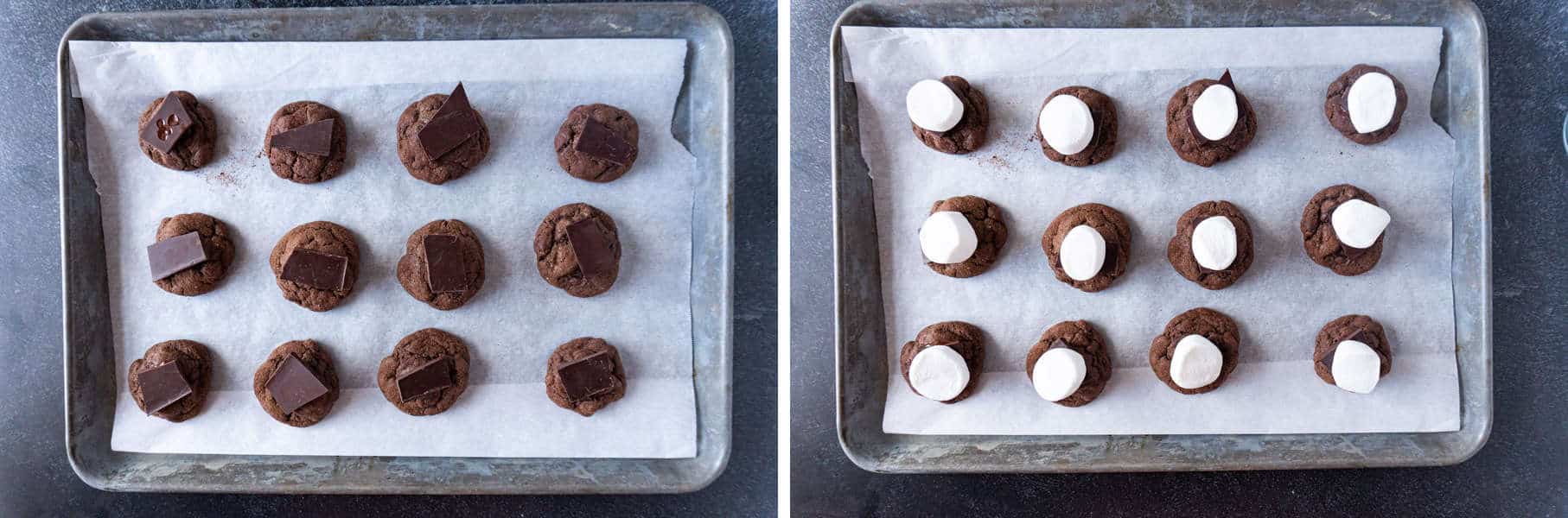 Cookies with chocolate and marshmallows added on cookie sheet before toasting