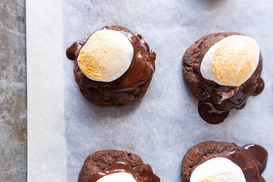 Close up of tops of cookies with marshmallows toasted