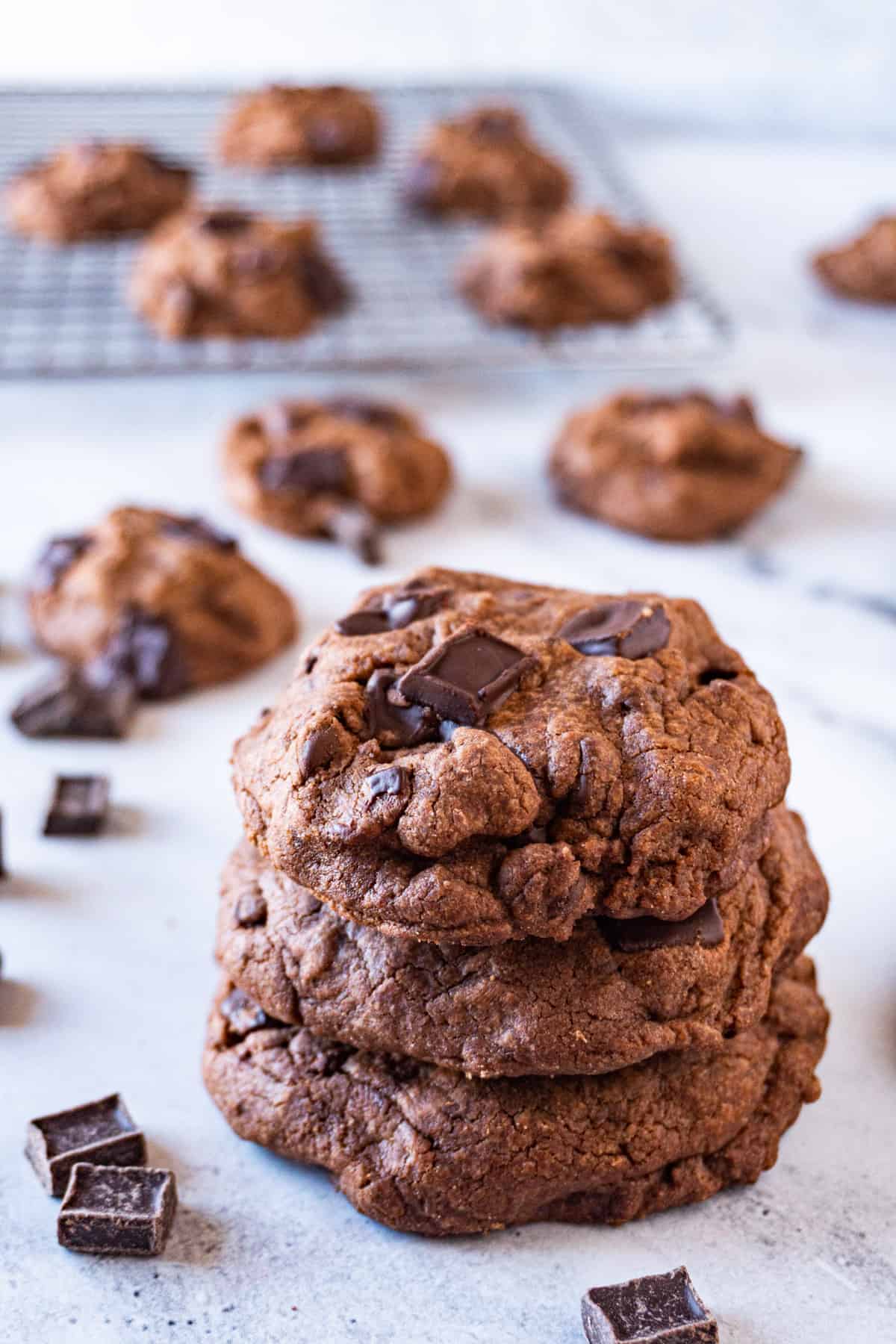 Chewy Chocolate Cookies stacked on one another